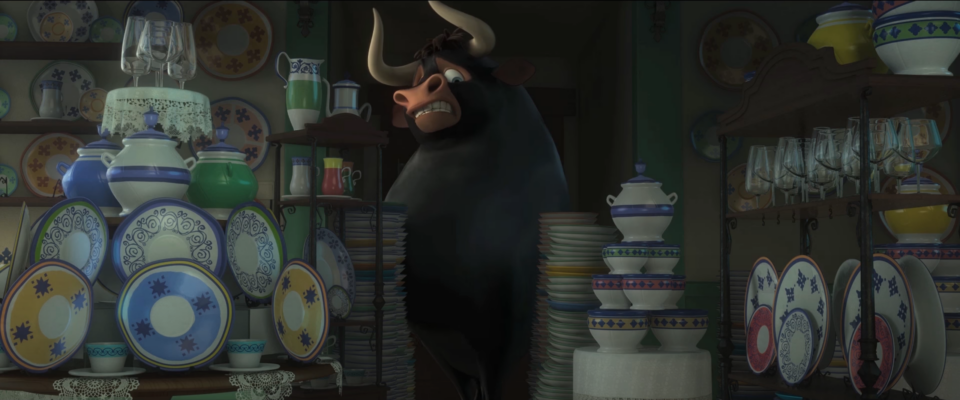 Example of comedy from physical contrast, with a bull in a china shop. Taken from the 21th Century Fox oscar nominated animated movie Ferdinand.